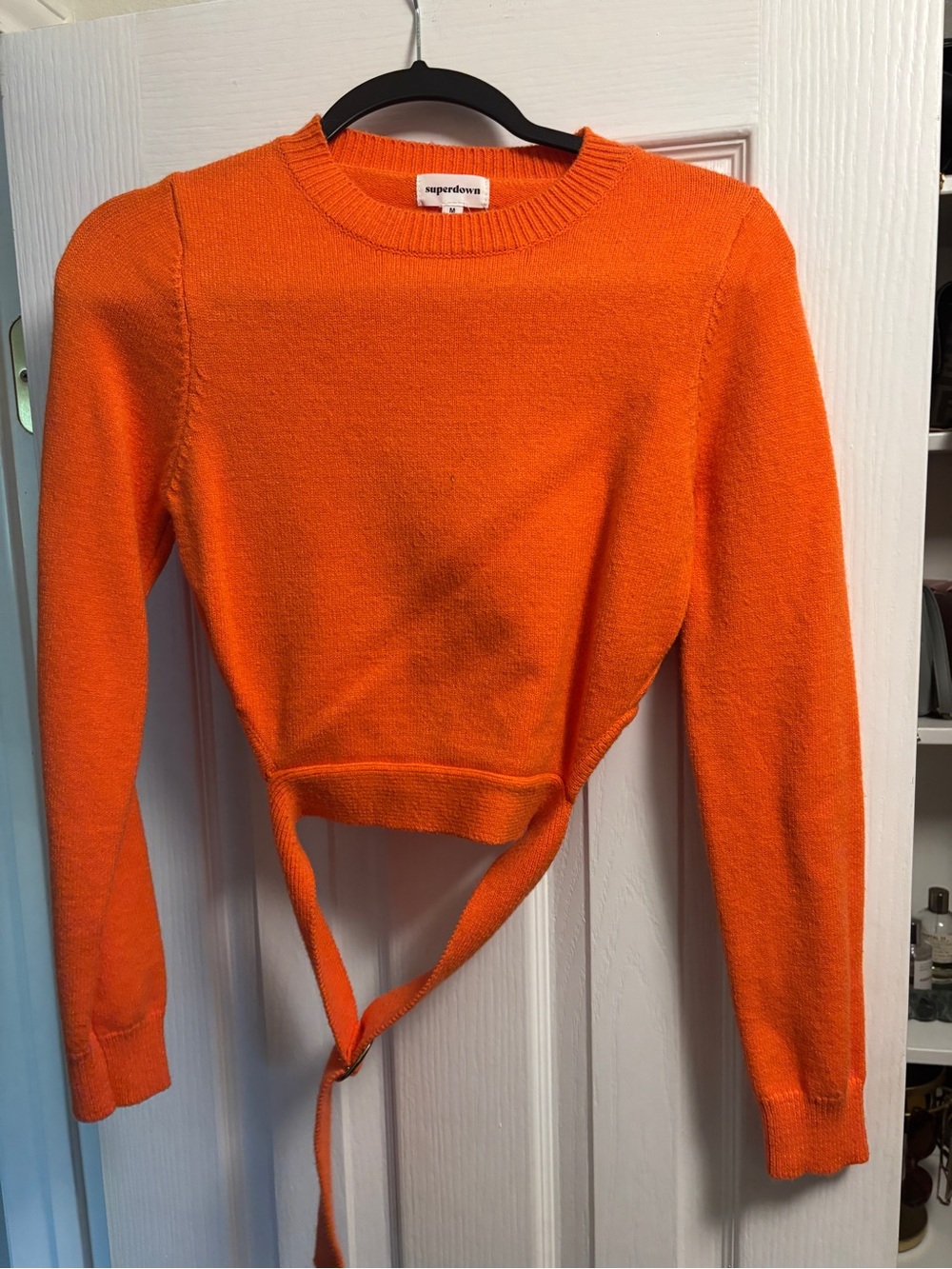 superdown Bright Orange Tie-Front Crewneck Sweater
